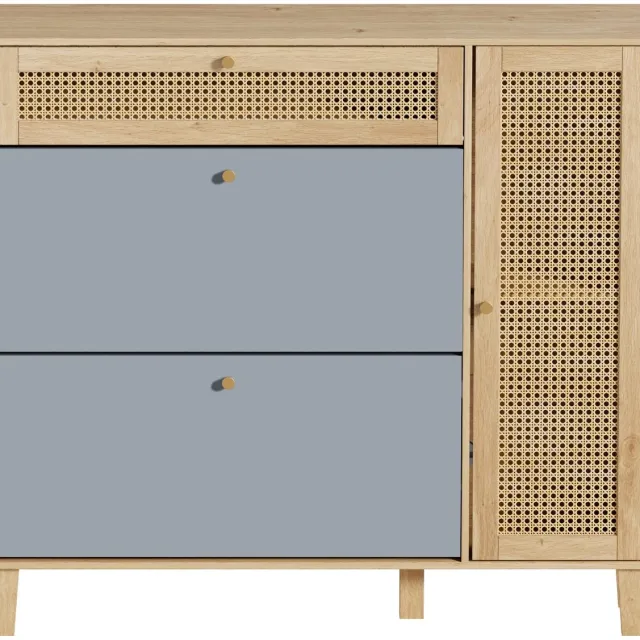 UEV schoenenkast met 4 deuren, 107x24x105cm, smalle schoenenkast, rotan schoenenkast voor de hal, ruimtebesparende verstelbare en verwijderbare tussenschotten voor verschillende soorten schoenen, grijs Grau