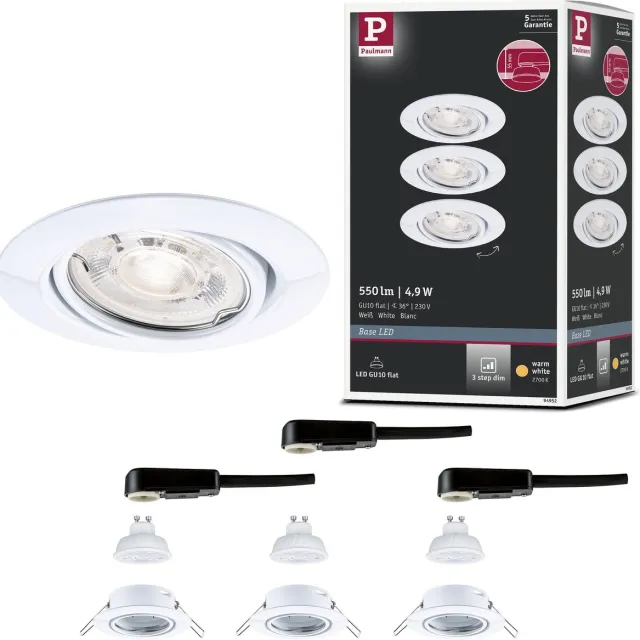 Paulmann LED-inbouwlamp Base GU10 Flat draaibaar 3x4,9W 3x550lm 230V dimbaar 2700K Wit