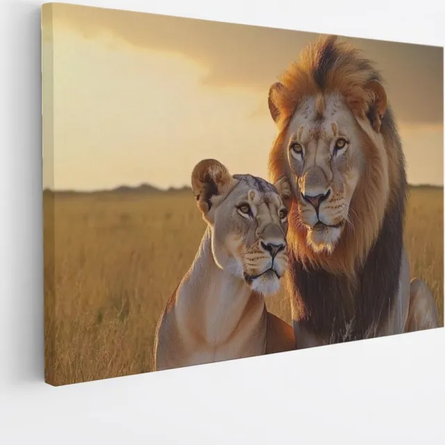 Saammp Canvas Schilderij - Leeuw en Leeuwin in serangeti - Dieren - Natuur - 50x40 - Foto op canvas - Wanddecoratie - Muurdecoratie Woonkamer - Slaapkamer decoratie - Canvas Print Multicolor