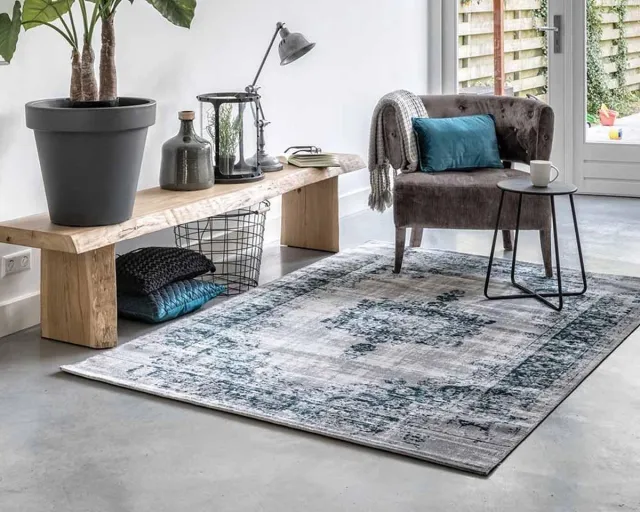 Lifa-Living LIFA LIVING Vloerkleed - Vintage - Klassiek - Polyamide - Donkergrijs/Blauw - 80 x 150 cm Blauw, Donkergrijs