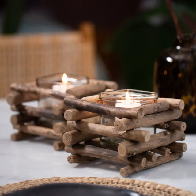 Gadgy Waxinelichthouder Drijfhout - Theelichthouder Set van 2 - Decoratie Woonkamer - Windlicht ook voor kaarsjes - Verlichting 15x15 CM - Valentijn Cadeautje voor Haar Bruin