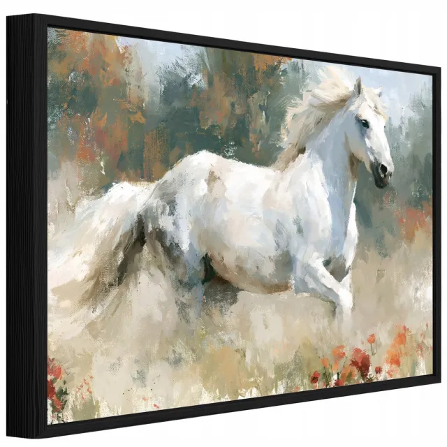 WALLARENA Schilderij op canvas in zwarte lijst - 100x70 cm - wit paard in de weide - wanddecoratie woonkamer en slaapkamer Veelkleurig