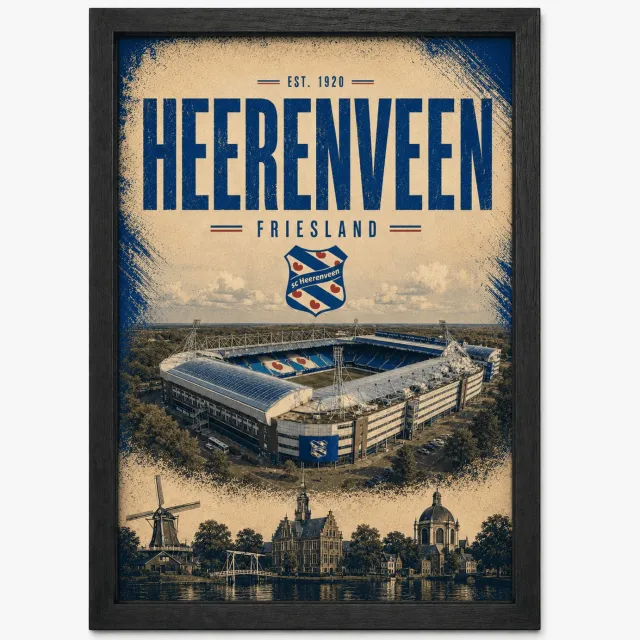 Joshimo SC Heerenveen Poster | Abe Lenstra Stadion Vintage Art Print | Retro Voetbal Poster | Inclusief Zwarte A3 Lijst