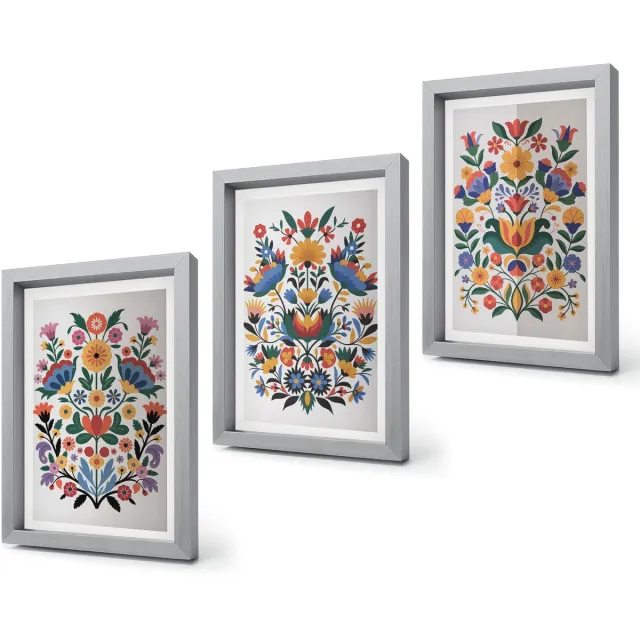 Coloray 4-Delige Schilderij Set - Bloemmotieven in intense kleuren op een witte achtergrond. - 20 x 30 cm - Wanddecoratie - Moderne Interieurdecoratie - Muurdecoratie Zilveren lijst