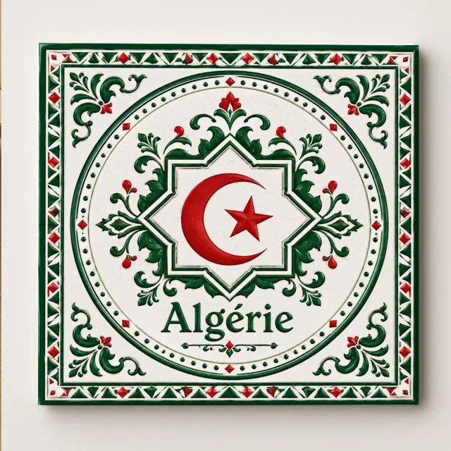 Bedruk King Algerije Decoratieve Keramische Tegel – Algerijnse Vlag Halve Maan Ster Design – Groen Rood Oosterse Wandtegel – Souvenir Woondecoratie Tegel Wit