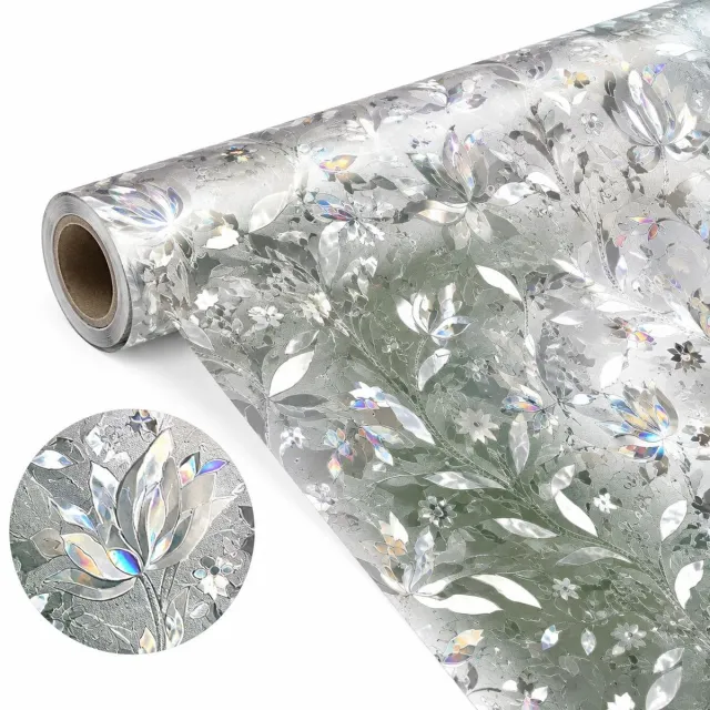 VHV Raamfolie - Zonwerend en isolerend - 200 cm - Glas in lood - Anti inkijk folie - Matglas - Regenboog bloemen - in de badkamer Wit