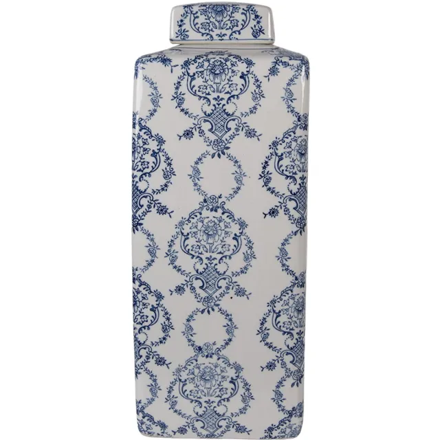 Clayre & Eef Vaas met Deksel 16x16x41 cm Wit Blauw Keramiek