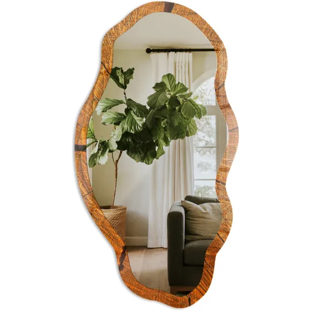 TULUP Houten Constructie Spiegel - Bruin Moderne Rechthoekige Wandspiegel - Organische Spiegel - Woonkamer, Kantoor, Slaapkamer - Rustiek - 45x90 cm - Totale afmeting 52x97 cm Houten StructuurMotief, Bruin
