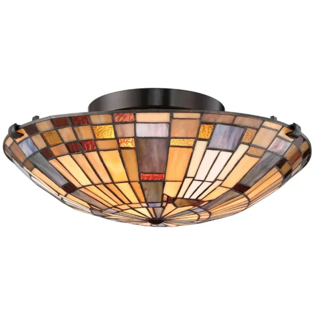 Quoizel Tifanny LED Plafondlamp Inglenook | 2X E27 Max 60W | Valiant Bronze & Art Glass Shade Brons