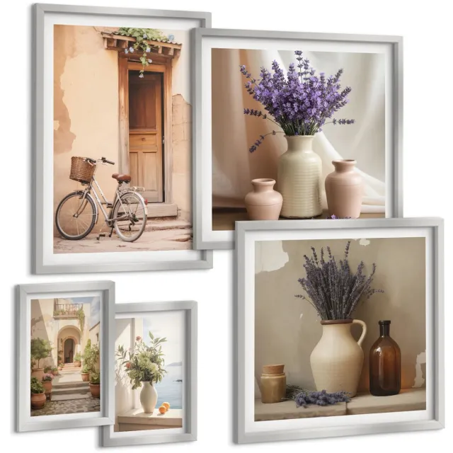 TULUP 4-Delige Schilderij Set - Stijlvol interieur met bloemmotieven en een fiets - 50 x 50 cm, 20 x 30 cm en 40 x 60 cm - Wanddecoratie - Schilderijen Set - Kantoor - Woonkamer Decoratie Zilveren lijst