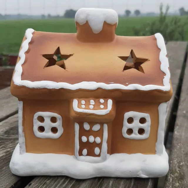 G. Wurm Waxinelichthouder kerst peperkoekhuisje terracotta – bruin/wit 14x14x10 cm | Kerstdecoratie