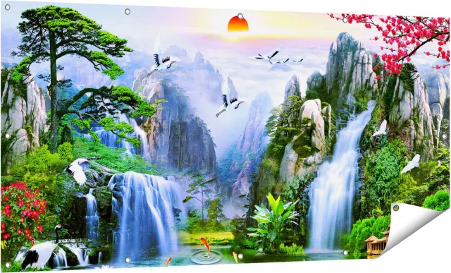 Gards Tuinposter Watervallen in de Bergen - Abstract - 160x80 cm - Tuindoek - Tuindecoratie - Wanddecoratie buiten - Tuinschilderij Multikleur