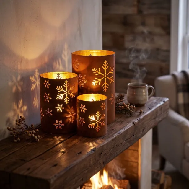posiwio campo home and garden Windlicht lantaarn metaal roest sneeuwvlokken set van 3 - Herfstdecoratie - Winterdecoratie - Waxinelichthouder Kerst