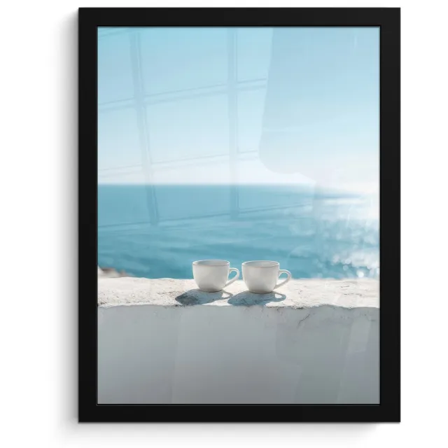 FrameYourWall Poster in lijst - Fotolijst 30x40 cm - Posters - Zee - Koffiekopjes - Zomers - Posterlijst zwart - Decoratie - Wanddecoratie woonkamer - Muurdecoratie slaapkamer