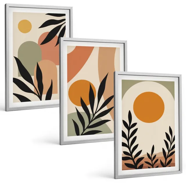TULUP 4-Delige Schilderij Set - Abstracte vormen en plantmotieven in warme kleuren. - 40 x 60 cm - Stijlvolle Wanddecoratie - Interieur - Stijlvolle Muurdecoratie Zilveren lijst