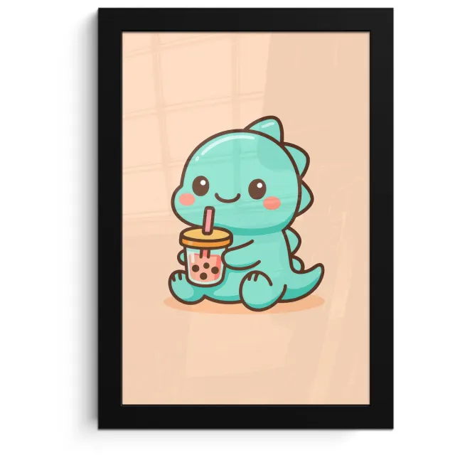 FrameYourWall Poster in lijst - Fotolijst 20x30 cm - Posters - Dino - Boba - kawaii - Oranje - Posterlijst zwart - Decoratie - Wanddecoratie woonkamer - Muurdecoratie slaapkamer