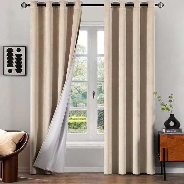 Thuys Gordijnen, 100% ondoorzichtig, fluwelen gordijnen voor slaapkamer, ondoorzichtig, thermische gordijnen met ringen, koudebescherming, verduisteringsgordijn, set van 2, H x B 215 x 140 cm, beige