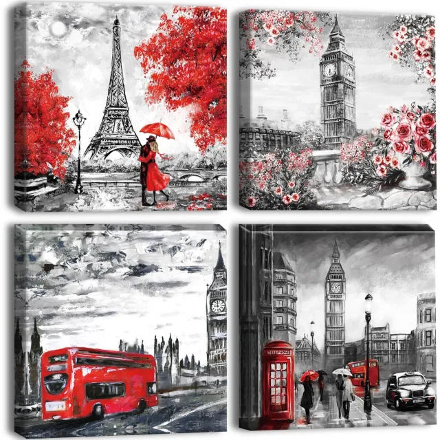 Ibenzoa Elegant Vierdelige Canvasprints met Iconische Landmarken: Big Ben en Eiffeltoren – Romantische Rode Kleur zwart