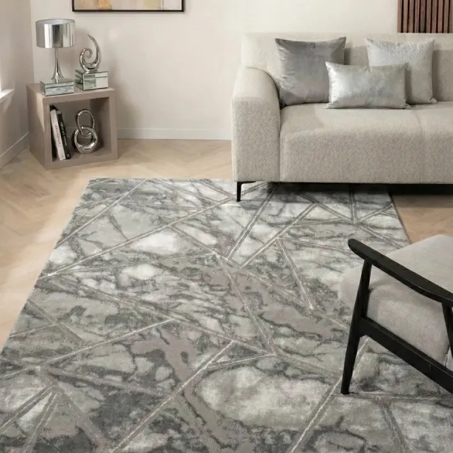 flycarpets Marble Lines Laagpolig Marmer Vloerkleed - Grijs / Zilver - Luxe Tapijt - 280x370 cm