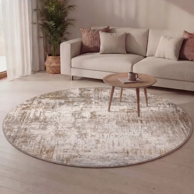 Fraai Rond wasbaar vloerkleed - Misha Grunge Creme/Bruin - Ø 140cm Crème
