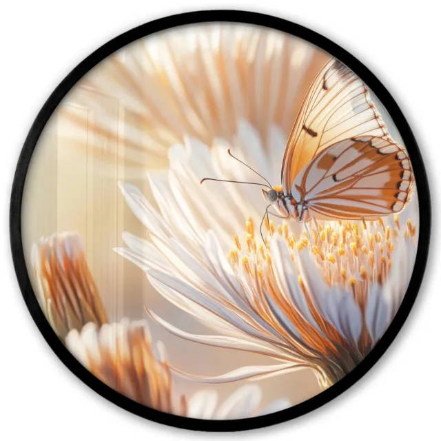 FrameYourWall Poster in lijst Rond - Fotolijst 40x40 cm - Posters - Vlinder - Bloem - Oranje - Ronde posterlijst zwart - Decoratie - Wanddecoratie woonkamer - Muurdecoratie slaapkamer Bloem - Vlinder