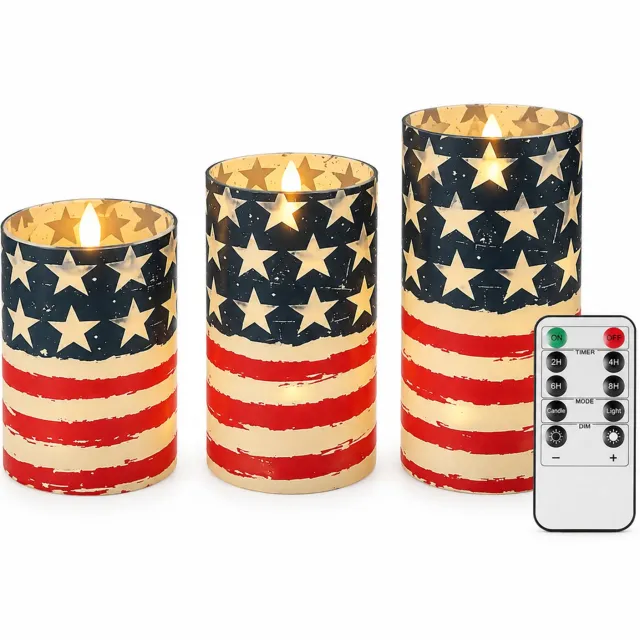 SWGOTA led kaarsen, set van 3 met bewegende vlam en lichtdraad, warm licht, kunststof met sterren en strepen, inclusief afstandsbediening, in bedrukte doos Blauw