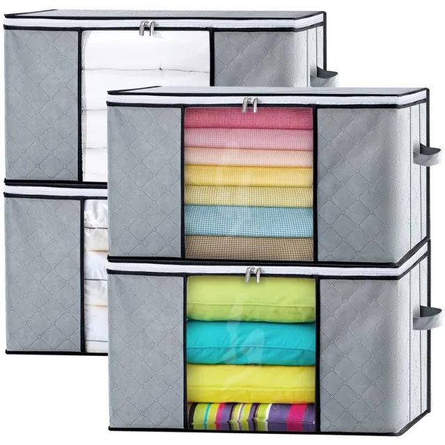 TTLUOKER ®Opbergzakken 4-delig voor Dekbedden en Kleding - 90L Opbergtas met Doorkijkvenster & Handvatten - Opvouwbaar (60x45x30 cm, Grijs)