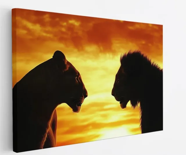 Saammp Canvas Schilderij - Leeuwen - Zonsondergang - Oranje - Natuur - Dieren - 90x60 - Foto op canvas - Wanddecoratie - muurdecoratie Woonkamer - Slaapkamer decoratie - Canvas Print