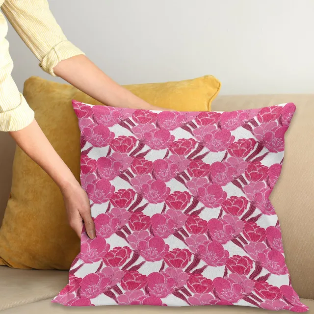 ABAKUHAUS Tulpe Kussenhoes, Roze Lente-Bloesems, Kussenhoes zonder Binnenkussen, met Ritssluiting, Dubbelzijdige Print, Wasbaar, 45 x 45 cm, Roze Kastanienbraun en Wit