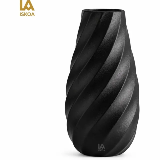 ISKOA Zwarte keramische bloemenvaas met getextureerd spiraalvormig ontwerp - 20,5 cm, modern minimalistisch