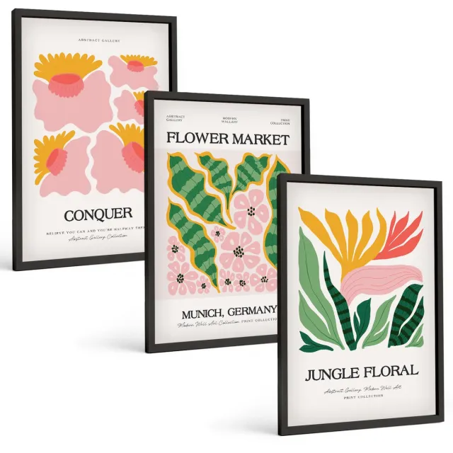 TULUP 4-Delige Schilderij Set - Bloemen en bladeren in moderne stijl op posters - 40 x 60 cm - Muurdecoratie - Decoratieve Schilderijen - Wohnzimmer - Moderne Wanddecoratie Zwarte lijst