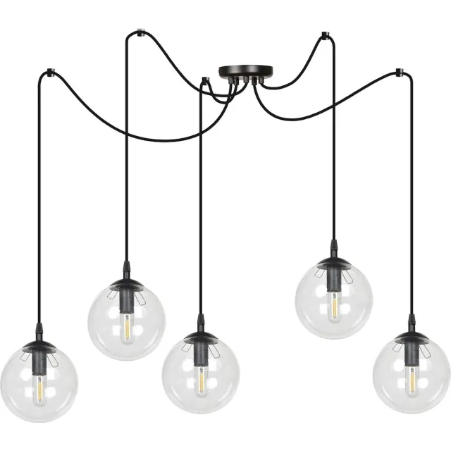 Emibig Uppsala zwarte 5L pendel lamp met transparant glas 5x E14 - Strakke verlichting voor elke ruimte Zwartachtig, Transparant