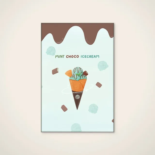 HelloWalls Akoestisch schilderij - 60 x 90 cm - Mint Chocolate Ice Cream Cone van Xuan Thai - Abstracte wanddecoratie - zilver textielframe Meerkleurig