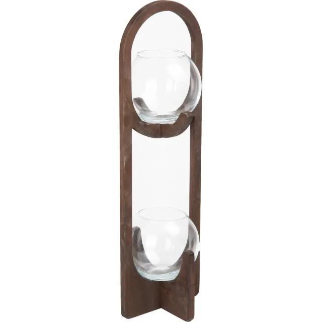 Joy Kitchen glazen vaas met houten standaard - Florance | tafel decoratie | vaas glas | houten voet | bloemenvaas | glazen vaasje | vaas glas transparant | glazen pot 2 bollen