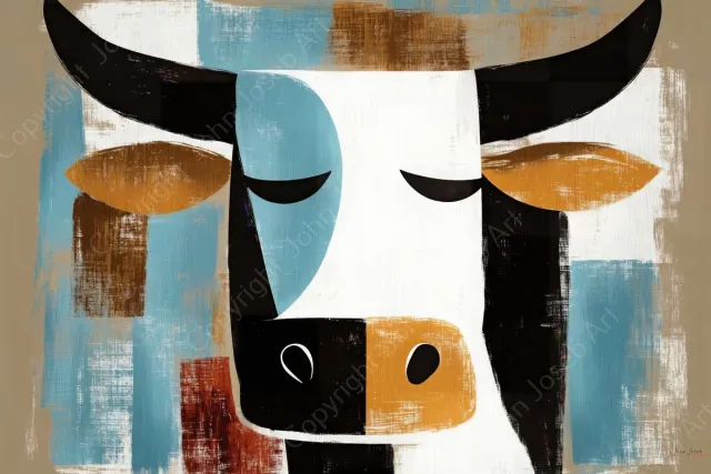 John Joseb Art (Aluminium) 60x40 | Koe, stier, abstract, kunst, minimalisme | Schotse Hooglander, dier, bruin, blauw, zwart, wit, modern | foto-schilderij op dibond, metaal wanddecoratie Aluminium, dikte 3 mm