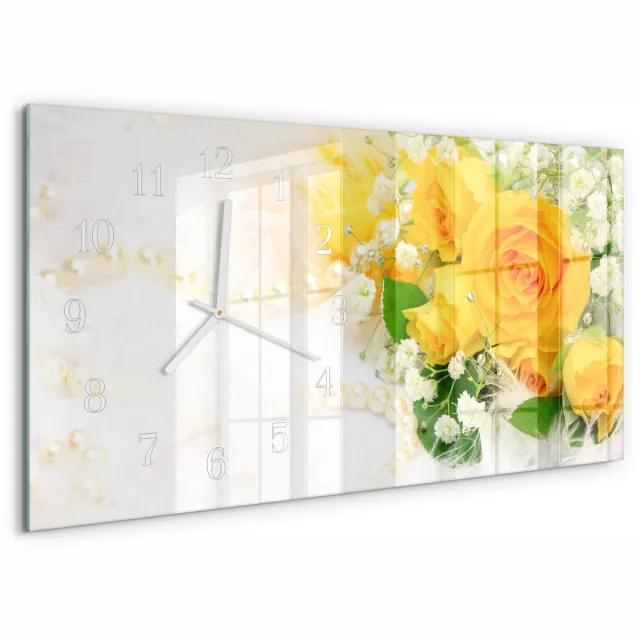 TULUP Wandklok - Bloemen Moderne Wandklok Glas - 60x30 cm - Geel Wandklok Glas Decoratie - Witte Handen - Rechthoekige Wandklok - Decoratieve Glazen Klok - Glazen Wandklok Design Geel - Bloemen