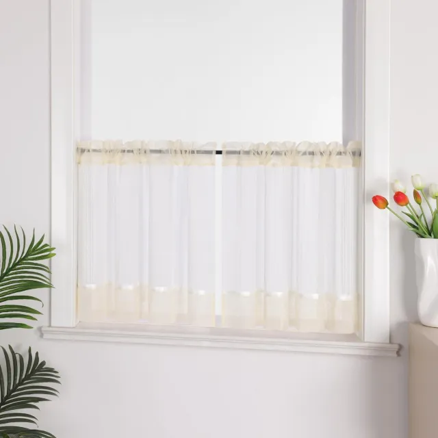 Ibenzoa Linnenlook vitrage met decoratief satijnen lint voor keuken en woonkamer, beige 60x90cm Wit