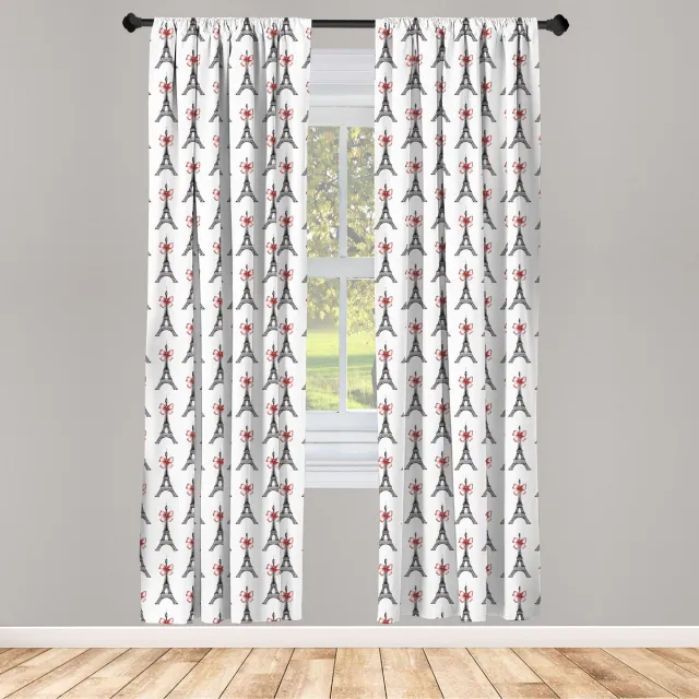 ABAKUHAUS Eiffel Raamgordijnen, Towers Bowties Schets, Lichtgewicht decoratieve 2-delige set met roedezak, 2 stuks 75 cm B x 175 cm L, Robijnrood Zwart wit