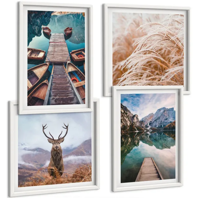 TULUP 4-Delige Schilderij Set - Meer met boten, herten en berglandschap - 40x40 en 40x60 - Muurdecoratie - Wanddecoratie - Hal Witte lijst