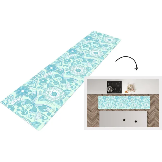 KitchenYeah Keukenloper - Loper keuken - Bloemen - Blauw - Wit - Patroon - 200x50 cm - Keukenloper vinyl Multicolor