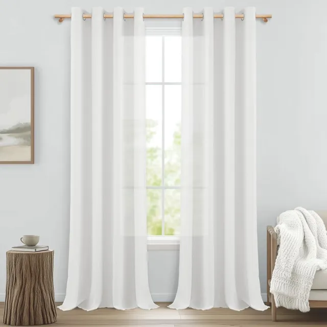 Ibenzoa Elegante Semi-Transparante Gordijnen in Linnenlook met Oogjes voor Diverse Kamers wit