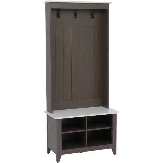 MCW Garderobekast MCW-P28, staande garderobekast met schoenenrek en zitbank, 3 haken, 4 opbergvakken, melamine, 170 x 76 x 39 cm ~ walnootlook, beige