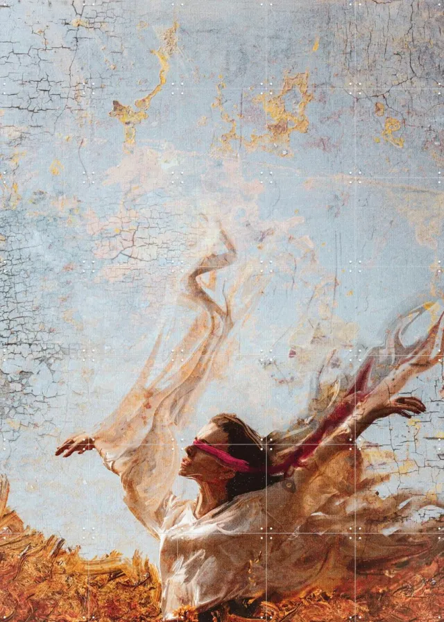 IXXI Weightless In Faith, Vineet Suresh - 100 x 140 cm - Grote wanddecoratie en posters - Surrealisme, Digitale Kunst, Abstract, Gemengde Technieken Beige / Bruin / Blauw / Goud