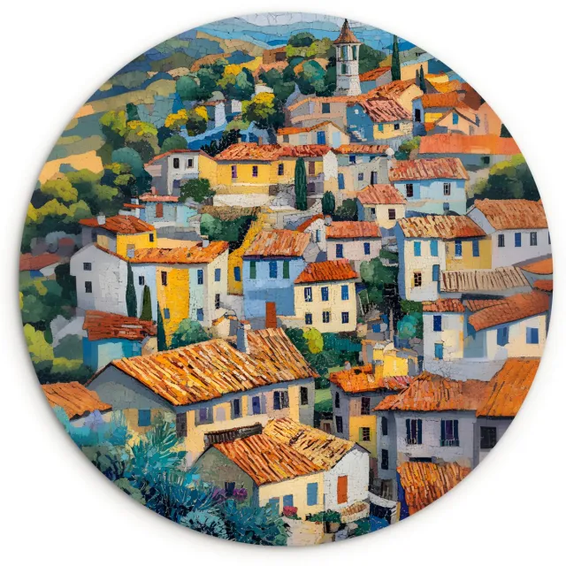 WallCircle Wandcirkel 140x140 cm - Muurcirkel Dorp - Heuvels - Landschap - Bomen - Muurdecoratie woonkamer - Wanddecoratie slaapkamer - Kamer decoratie accessoires - Ronde schilderijen
