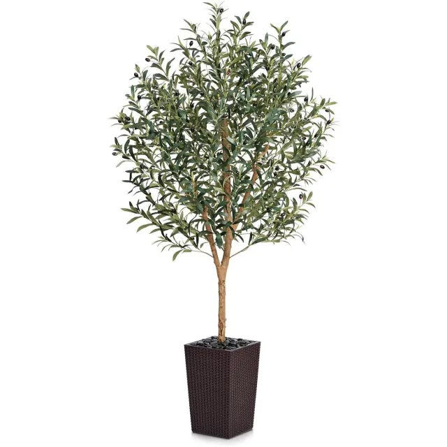 Provento Kunstmatige olijfboom 180 cm, grote kunstplant voor binnen en buiten, met pot van gevlochten kunststof, bruin, uv-bestendig, decoratie huis balkon tuin.