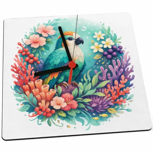 Mr Cadeautjes Klok 19 x 19 - design Een tropische vogel in een weelderige bloemenzee met bladere | cadeau Wit