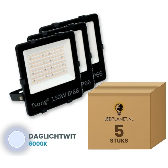 Tsong LED Schijnwerper 150W - 22.500 lm - Daglichtwit 6000K - 90° - IP66 - 5 stuks - 5 jaar garantie