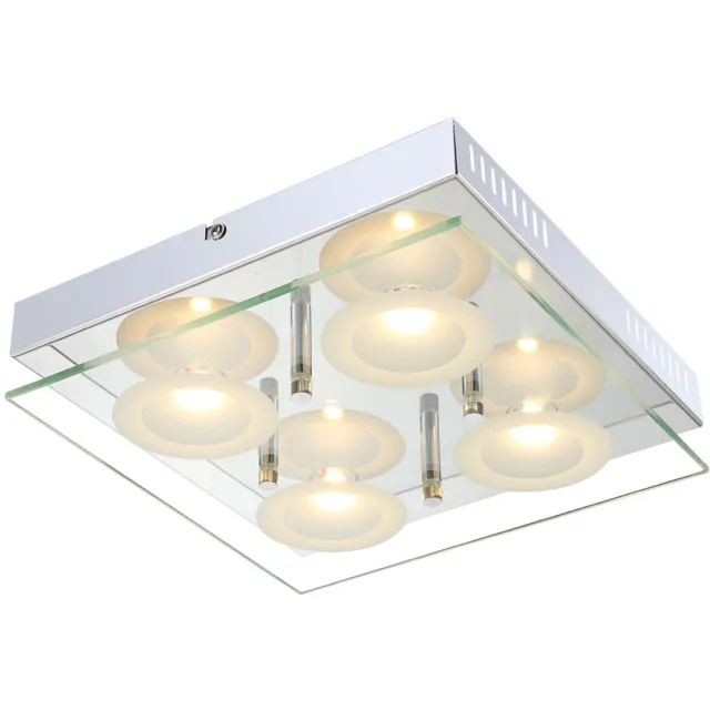 Globo Plafondlamp Woonkamerlamp Eetkamerlamp Glazen lamp, 4 vlammen Glasplaat chroom, LED 5W 1440Lm warm wit, LxBxH 25x25x6.5cm zilver