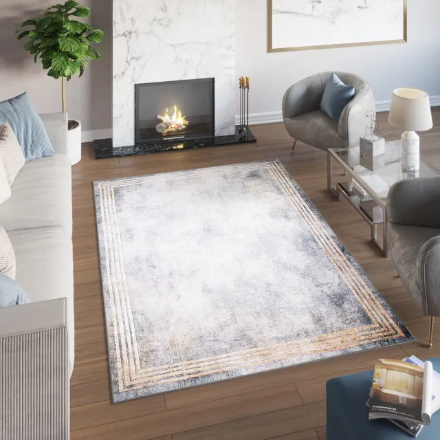 Tapiso Toscana Vloerkleed Gewreven Grijs Gouden Woonkamer Tapijt Lichtgrijs Gouden