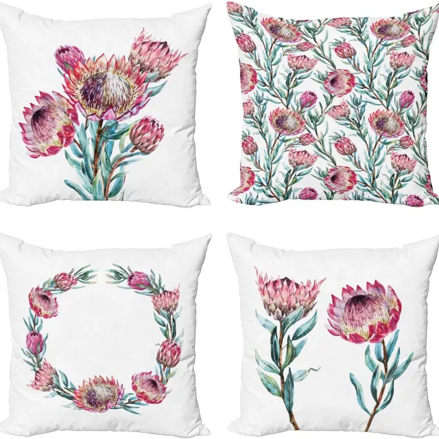 ABAKUHAUS Bloemen Sierkussen Kussenhoes 4 er Set, Aquarel Exotischer Tuin, Modern Accent Dubbelzijdige Digitale Print, 60 x 60 cm, Roze Zeegroen en Wit